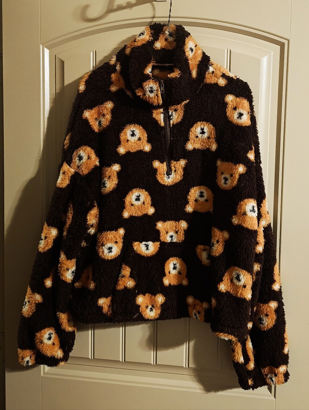 Teddy Bear Print Fuzzy Half-Zip Pullover - Brown & Orange 🧡 Sz XL
